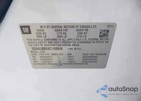 2012 Chevrolet Equinox Ls из США, поврежденный, VIN 2GNALBEK9C1166809